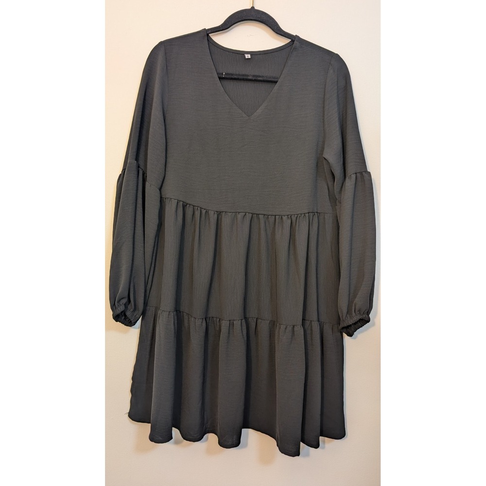 Black Knit V-Neck Balloon Sleeve Midi Dress S